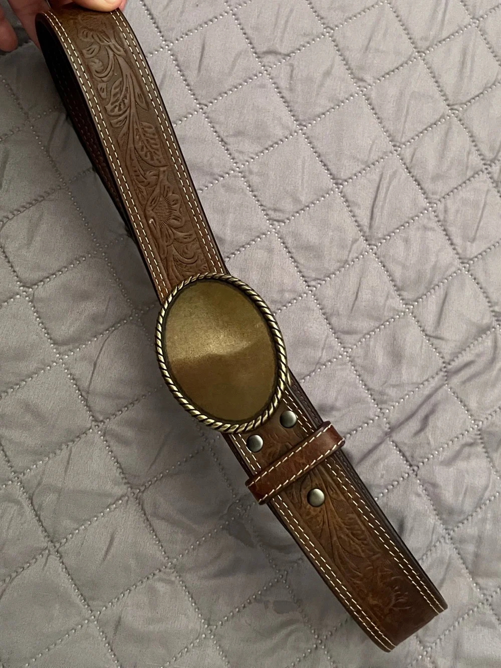 Ariat Brown Tooled Leather Belt with Antique Gold Oval Buckle